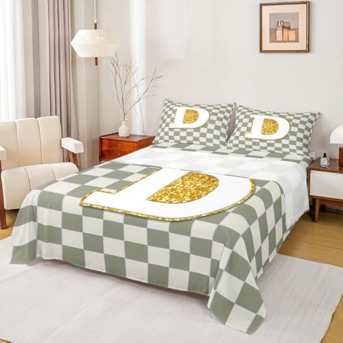 Image of Erosebridal Sage Green Checkered Bed Sheets Full Plaid Initial D Sheet Set Personalized Monogram Bedding Set for Kids Boys Girls,Fashion Grids Gingham Fitted Flat Sheets 4 Piece