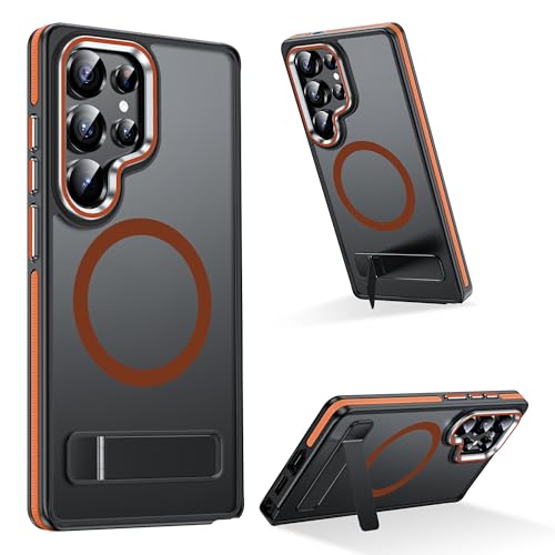 MAKAVO Magnetic for Samsung Galaxy S25 Ultra Case with Stand, Compatible with MagSafe, Slim Translucent Matte Non-Slip Military-Grade Drop Protection Phone Cover (Orange)