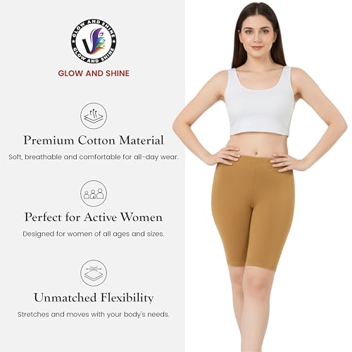 Image of Women's Cotton Lycra Cycling Shorts | 95% Cotton 5% Spandex | Stretchable Knee Length Tights for Gym, Yoga & Sports