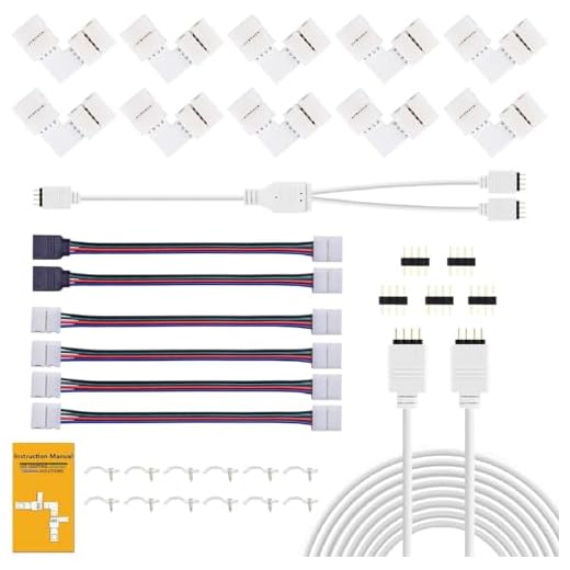 LED-ljusanslutningskit, REDTRON 10 mm RGB LED-kontakt inkluderar 10 x L-formade kontakter, 2 m LED-remsa ljusförlängningskabel, 4 x remsa till remsa hoppare, 5 x 4-polig hankontakter