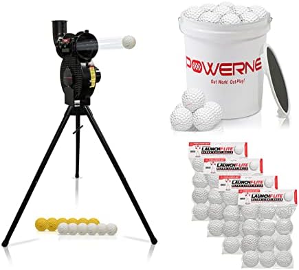 PowerNet Launch F-lite Pitching Machine Baseball Bucket Bundle | Includes 4 Dozen F-lite Balls