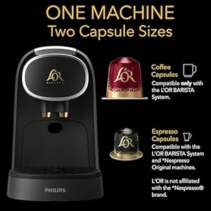 L'OR Barista System Coffee and Espresso Machine Combo by Philips, Premium Brushed Silver Metallic Accents, Matte Grey LOR Barista System Coffee and Espresso Machine Combo by Philips Premium Brushed Silver Metallic Accents Matte Grey