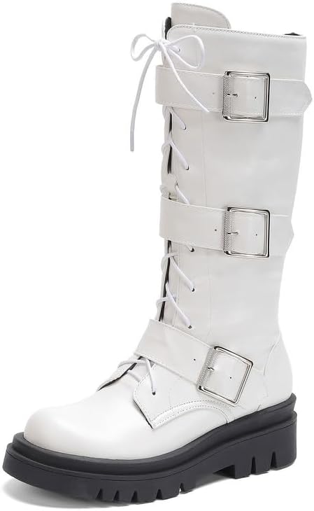 KOKOMOMO Women's Knee High Boots Side Zipper Motorcycle Boots Round Toe Chunky Low Heels Fashion Buckles Biker Riding Boots