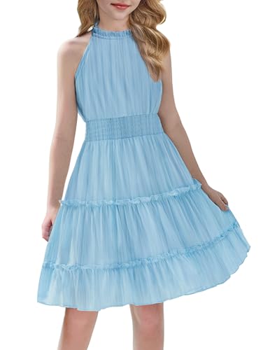 Arshiner Vestido para Niña Gasa Azul Cuello Halter Vestidos Corte A Sin Mangas Midi Festivo Color Liso para Niña Informal Verano para Fiestas de Cumpleaños 9-10 Años