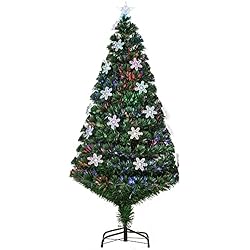 HOMCOM Árbol de Navidad Artificial Árboles de Abeto 150cm con Soporte Decoraciones Navideñas Copos de Nieve Fibra Óptica Brillante LED Multicolor Ignífugo