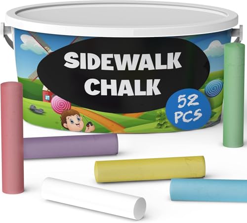 Fat Zebra Designs 52 PCS Sidewalk Chalk for Kids - Multi Color Non-Toxic Washable Jumbo Chalks - Bulk Set of Outdoor Paint for Kids and Toddlers - Chalkboard Toys - Big Bucket Chalk for Party