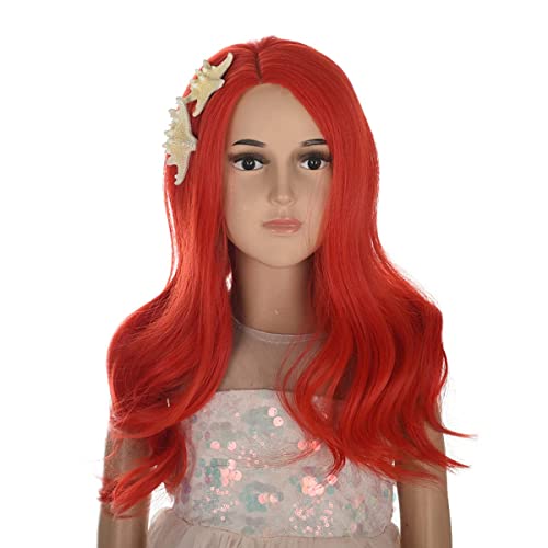 Coraline Princess Mermaid Wig Kids Girls Red Long Curly Halloween Party Wig With Starfish Hair Clips #TOP5
