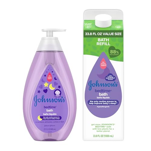 Image of Johnson's Baby Soothing Bedtime Bath Starter Kit, Nighttime Lavendar Baby Bath, 27.01 fl Oz, and Bedtime Bath Value Size Refill Pack 33.8 fl. Oz