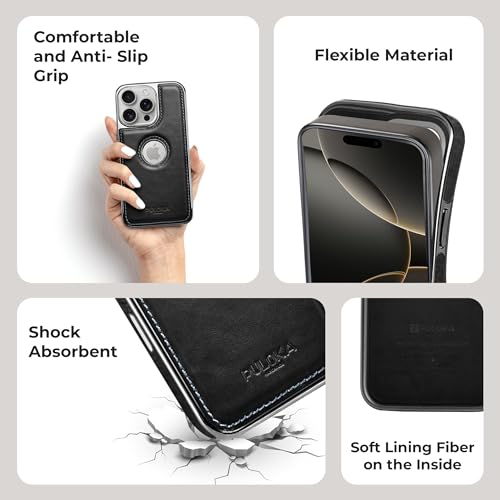 Image of PULOKA Chrome Leather Back Case - Compatible with iPhone 16 Pro- Luxury Bumper Case - Flexible Vegan Leather - Electroplated Sides & Logocut - Full Camera Protetection & Raised Edges - Black