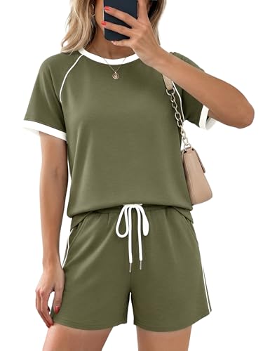 Casly Lamiit Short Sets Women 2 Piece Outfits Summer Casual Lounge Set Short Sleeve Tops Drawstring Beach Vacation Clothes Olive Green M