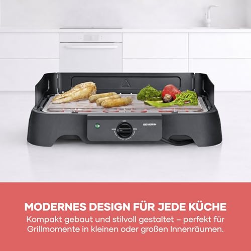 Foto von Severin Elektrogrill, Temperaturen 35-200 Grad Celsius, schnelles Aufheizen, 38x22 cm, Tischgrill mit Auffangschale, Edelstahl-Grillrost, Balkongrill, einfache Reinigung, 2000W, schwarz, PG 8593
