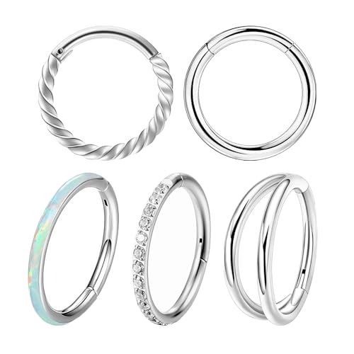 DAZZLUXE Lot de 5 anneaux de nez, à double charnière, zircone, anneaux rotatifs, fermeture polyvalente, bijoux de piercing corporel (argenté), Acier inoxydable