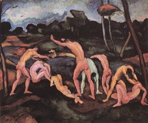 Peinture à l'huile Bathing Boys de Perlrott-Csaba pour salon élégant
