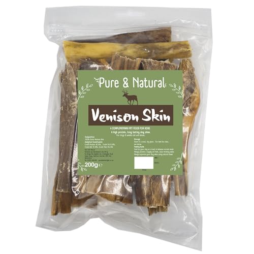 Pure & Natural Deer Skin Dog Chews - Dried Venison Treats and Hide Chews for Dogs Hypoallergenic Natural Dog Treats Long Lasting - 200g Bag