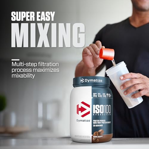 Image of Dymatize ISO100 Whey Protein Powder Isolate, Gourmet Chocolate, 25g of Protein, 20 Servings, 5.5g BCAAs, Less Than 120 Cal., Gluten Free, 1g Fat, 1g Sugar, 2g Carb.