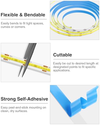 Image of Aclorol 1M 5V COB LED Strip Light 2 Pack White 6000K Dimmable Brightness | LED Flexible Tape Lights with 1.5M USB Cable, High Density 320LEDs, for Under Cabinet TV Backlight Bedroom Wardrobe Displays