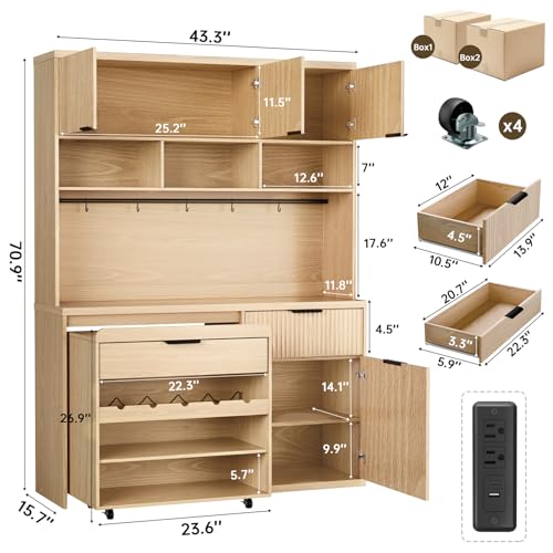 Image of 71 inch Pantry Cabinet,Tall Kitchen Pantry Storage Cabinet with Charging Station and LED Light,Fluted Freestanding Food Storage Cabinet,Farmhouse Kitchen Hutch with Storage Drawers for Living Dining Room
