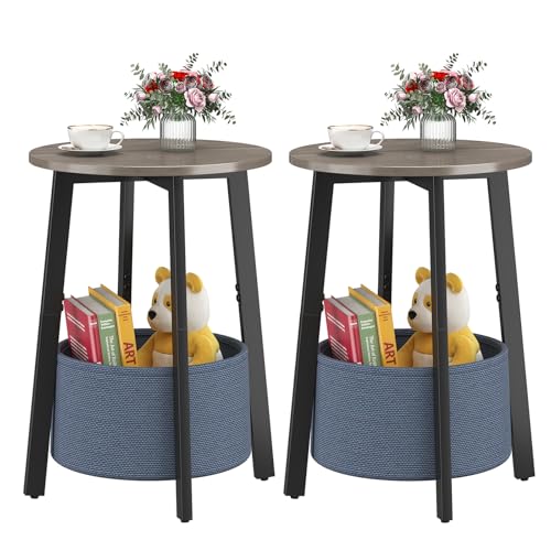 sthmec Small Round Side End Table Set of 2 with Cloth Storage Basket, Round Bedside Sofa Couch Coffee Tables for Small Places with Metal Frame, Modern Nighstands for Living Room Bedroom,Grey