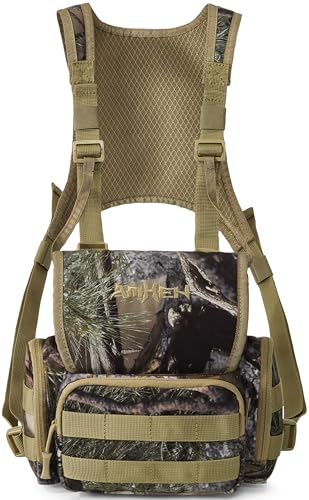 AMHEH Binocular Harness Hunting Chest Pack - Silent Anti Glare Bino Bag with Rangefinder Pouch and Magnetic Flap, Also for Birding, Hiking, Fits Up to 56 Inches Chests (Camo)