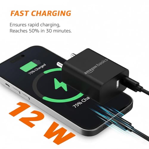 Image of Amazon Basics 12W Dual Port Mobile Charger | 12W Max Output | Includes 1 m Type C Cable | Universal Compatibility