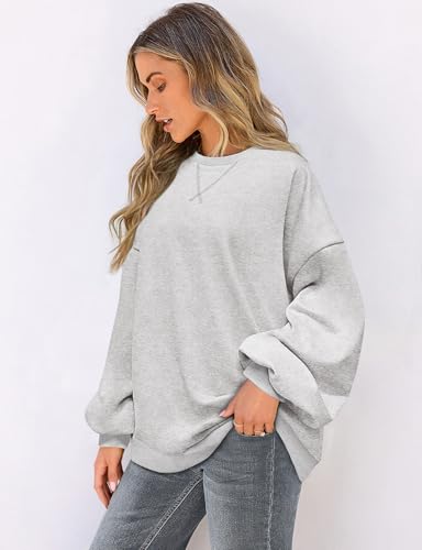 UEU Crewneck Sweatshirts for Women Long Sleeve Lightweight Sweaters Heather Light Gray Medium