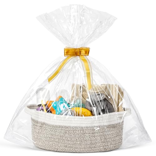 LANDNEOO LANDNEOO Small Woven Basket with Gift Bags and Ribbons, Empty Decorative Gift Chest Box, Cute Baby Gift Basket for Nursery, Cotton Rope Room Shelf Storage Basket with Handles, 12"x 8"x 5", B