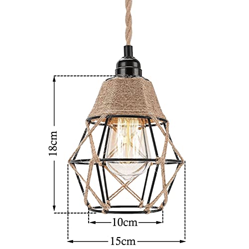 Vintage Hemp Rope Farmhouse Lamp Shades - Mini Wire Cage Hanging Light Fixture - Rustic Industrial Woven Pendant Light Wall Sconces Lampshade - Metal Bulb Guard Cage For Hanging Pendant Replacement #TOP1