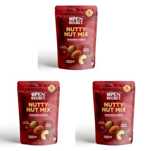 Image of Open Secret 100% Natural and Premium Healthy Tandoori Mix Dry Fruits and Nuts | Healthy Party Snack Mix | Dry Fruits Mix with Cashew Almond - Pack of 3 (135g)