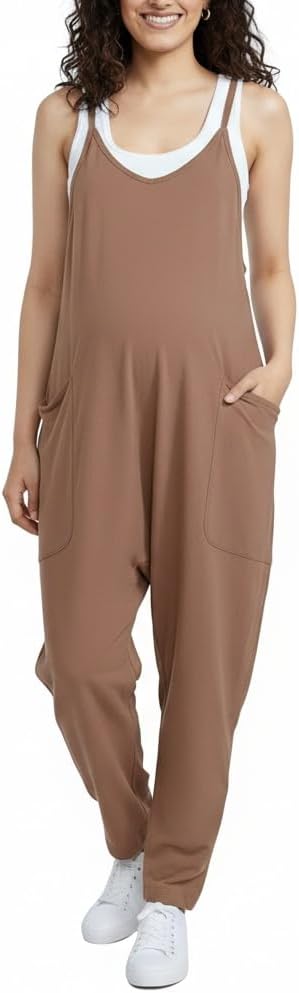 Motherhood Maternity Women's Casual Baggy Sleeveless V-neck Pregnancy Romper Jumpsuit With Loose Spaghetti Straps and Pockets