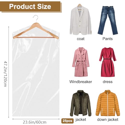 25 Pack Garment Bags, 60 * 120cm Clothes Covers Protector Bags, Moth Proof Suit Cover Plastic Waterproof for All Clothes (Transparent) - Image 2