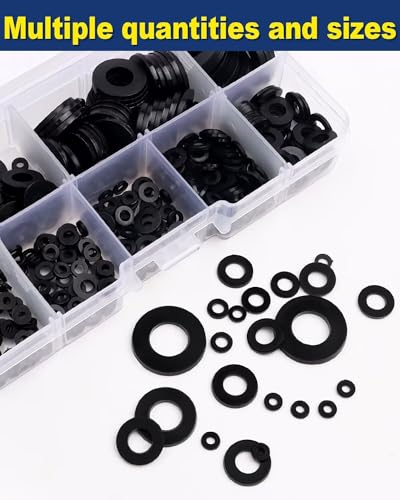 500 Stück Unterlegscheiben Kunststoff, Leryati Unterlegscheiben Schwarz Nylon Distanzhülsen, Kunststoffscheiben Sortiment Distanzscheiben 8 Größen Unterlegscheiben Set- M2/M2.5/M3/M4/M5/M6/M8/M10