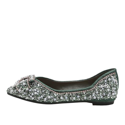 HIPPOSEUS Women's Rhinestone Flats Shoes Pointed Ballet Flats Sparkle Wedding Dress Shoes