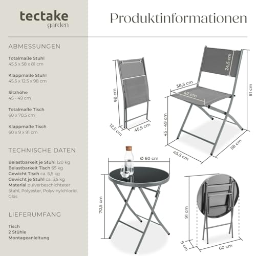 tectake® Bistroset, Tisch und 2 x Stuhl, Kleiner runder Esstisch, Klapptisch und Klappstühle Set… – Ansicht 6