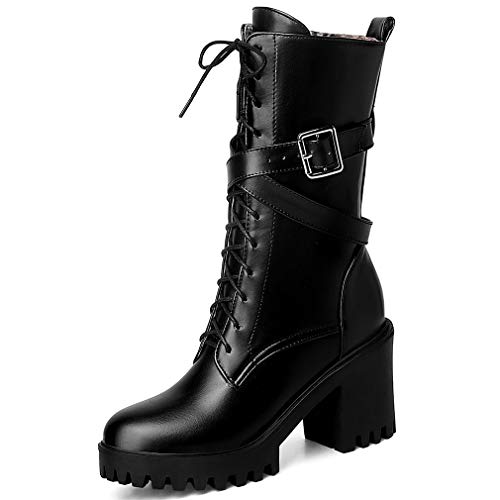 Parisuit Women's Chunky High Heel Lace Up Mid Calf Boots Goth Buckle Platform Combat Boots Punk Zip Up Booties2