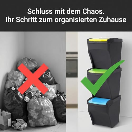 Plana Practic 3 x 25L Mülleimer Küche Stapelbox 3 Fächer - Mülltonnenbox 3er - Abfalleimer Küche mit Deckel