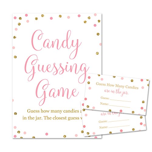 Baby Shower Candy Guessing Game, How Many Candies, Faux Gold Glitter and Pink