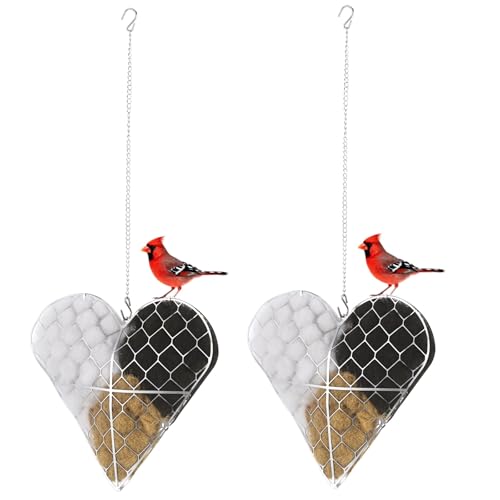 2 Pcs Heart Shaped Bird Nesting Material Holder, Handmade Natural Fiber Nest Frame with Hanging Chain for Winter Tree Shelter, Refillable Nesting Kit for Wild Birds, Ideal Garden Yard Art Decor Gift
