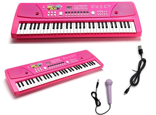 Image of Piano Keyboard with Mic | 61 Keys, 10 Rhythms, 16 Tones, 6 Demo Songs & 8 Percussions | Electronic Musical Toy for Boys & Girls | Educational & Recording Keyboard for Beginners-Pink