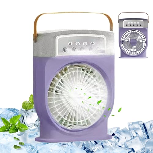 Ventilador de nebulización recargable USB, enfriador de aire portátil de 600 ml con viento tranquilo de 3 velocidades, enfriamiento de neblina de agua, luz nocturna de 7 colores y temporizador d
