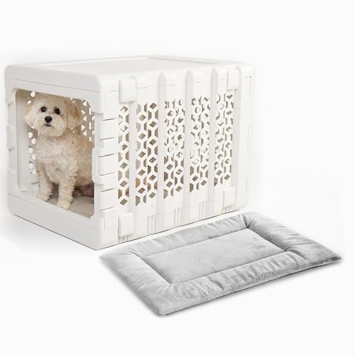 KindTail PAWD Collapsible Dog Crate with Washable Bed, for Pets Between 15 and 25 lbs, Such as French Bulldog, Maltese, Pomeranian, Portable Indoor Kennel, 26” L x 20” W x 21” H, 14 LB, Medium White