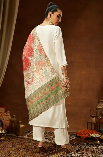 Image of Janasya Women's Off White Silk Blend Embellished Straight Kurta Set
