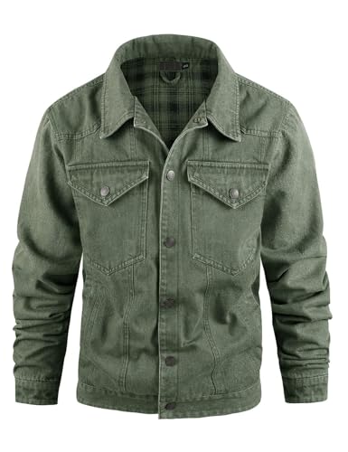 Flygo Mens Flannel Lined Denim Jacket Snap Cowboy Cut Western Classic Slim Fit Vintage Heavy Duty Jacket Trucker Coat