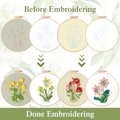 Image of LOMOHOO 4 Sets Ribbon Flower Embroidery Kit for Beginners, Needlepoint Stamped Cross Stitch Starter Kits, Stitch Learning DIY Kit with Floral Pattern, Thread, Hoops, Colorful Ribbons Flower