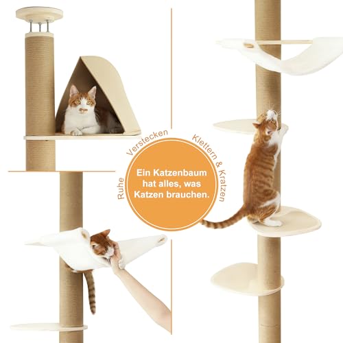 FUKUMARU Kratzbaum, 6 Etagen bis zur Decke reichender Katzenturm(282-305cm), wandmontierter Katzenbaum,aus Natürliches Gummibaumholz, mit Katzenversteck-Zelt und gemütlicher Hängematte,beige – Bild 4