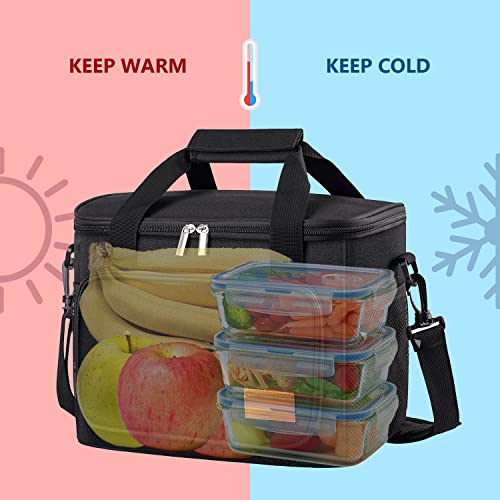 Large Insulated Lunch Bag For Men, 24 Cans (15L) Water-Resistant Leakproof Lunch Box Pail For Women Adult, Reusable Bento Soft Cooler Tote For Work Office With Shoulder Strap & Pockets, Black #TOP2