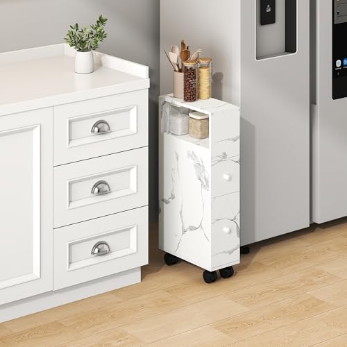 [en.casa] Armario Rodante Delgado Broreynna con Cajones y 1 Compartimento Abierto Carrito Auxiliar con Ruedas de 3 Niveles Carro de Almacenamiento Cocina Baño 66 x 15 x 33 cm - Efecto mármol Blanco