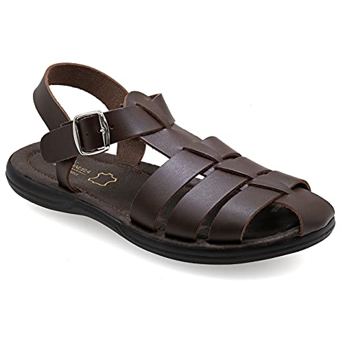 45 Braun Emmanuela Bequeme antike griechische Sandalen aus Leder für Herren, gepolsterte Einlegesohle Handgefertigte Ledersandalen, hochwertige verstellbare Sommerschuhe mit Schnalle