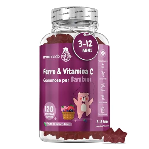 Ferro Integratore + Vitamina C Bambini, 120 Gommose Vegan ai Frutti di Bosco (4 Mesi) Integratore Ferro e Vitamina C per Funzione e Sviluppo Cognitivo, Sistema Immunitario e Stanchezza, Ferro + Vit C