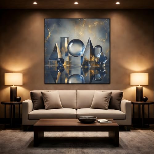 Art mural géométrique de salon avec finitions or et bleu de 3 cm - 2