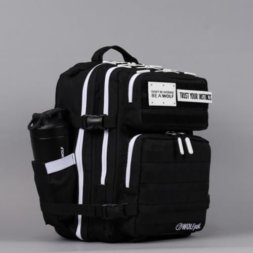Image of WOLFpak 25L Athletic Gym Backpack (Alpha Black w /White Accents) Durable 1000D Waterproof Oxford Material with MOLLE Webbing, Laptop Pocket & Dual Cup Holders